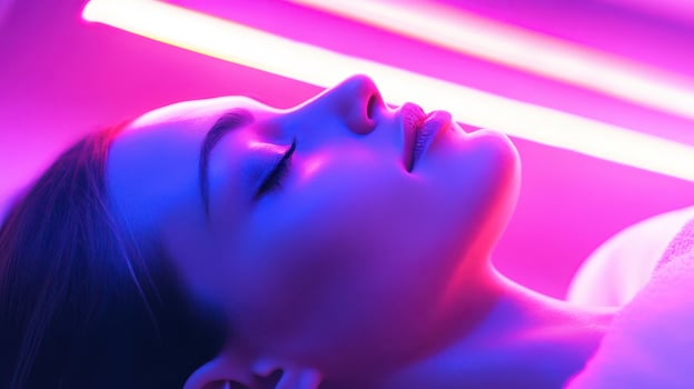 A woman in a purple lighted room photo