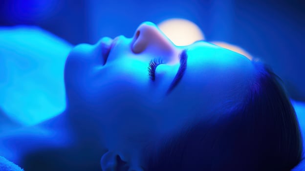 A woman in a blue light is getting a facial photo