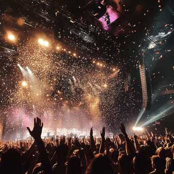 Festive concert atmosphere with cheering crowd and colorful confetti falling from the stage in the evening photo
