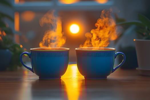 Warm Sunrise with Steaming Coffee Cups - Cozy Morning Bliss for Relaxation photo