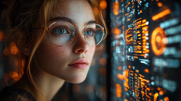 Professional Young Women Analyzing Complex Data on Large Screen Business Strategy, banner , poster photo