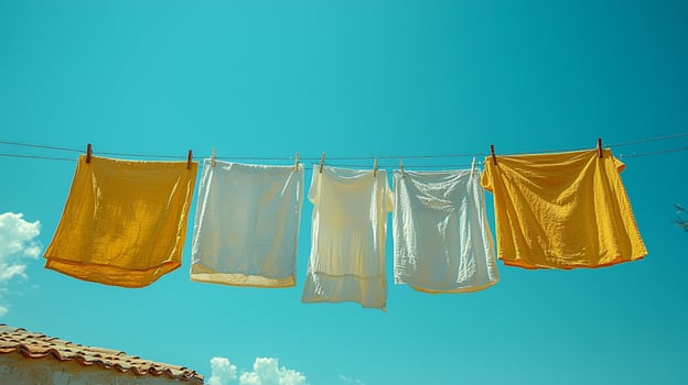 Laundry Hanging on Clothesline Against Clear Blue Sky Fresh Outdoor Vibes, banner, poster photo