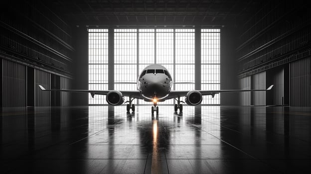 Black and White Hangar with Airplane and Large Old Windows Light and Shadows, banner photo