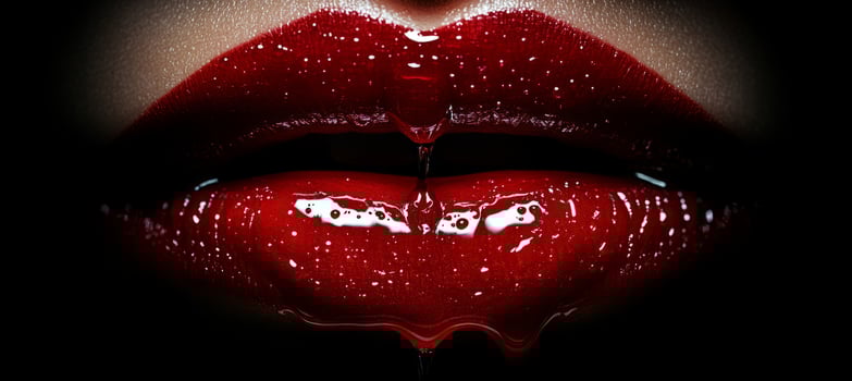 Extreme close-up of a woman's glossy red lips glistening with sensuality and allure photo