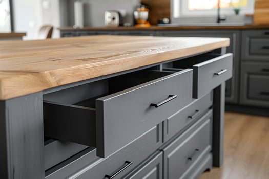 Kitchen island drawers open, displaying smart storage solutions with sleek contemporary design, highlighting efficient home organization photo