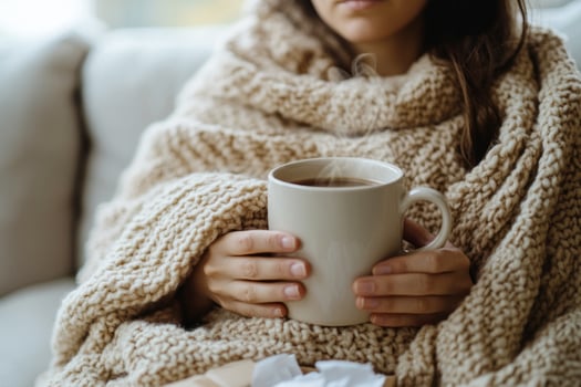 girl with a cup of hot tea in her hands and napkins is sitting on the couch. The concept of disease. photo