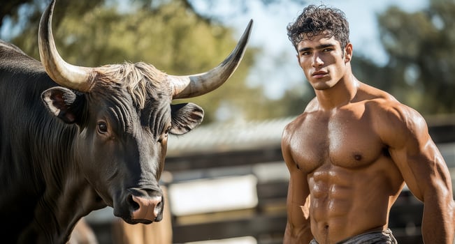 A muscular farmer confidently poses with a bull on a ranch, demonstrating his strength. The concept of agriculture, animal husbandry and harsh farming life photo