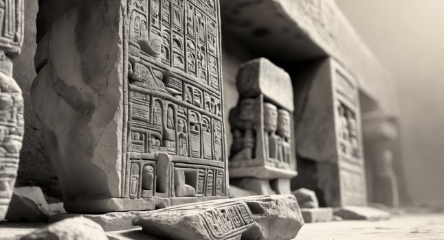 Archaeological site with ancient artifacts and hieroglyphic carvings. photo