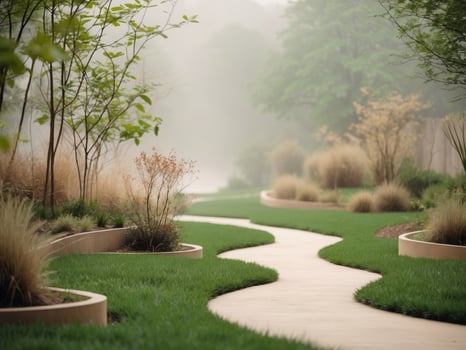 Serene Garden Pathway with Lush Green Grass and Tranquil Landscaping Features. photo