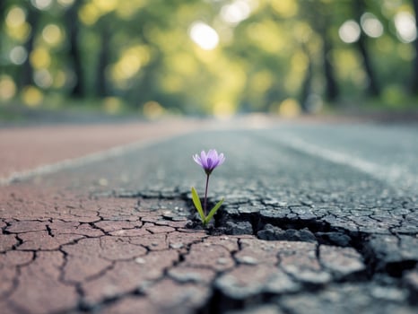 Purple Flower on Cracked Asphalt Road Surrounded by Lush Green Trees photo