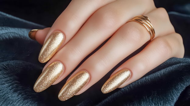 A woman's hand with a shiny gold manicure rests on a black velvet fabric photo