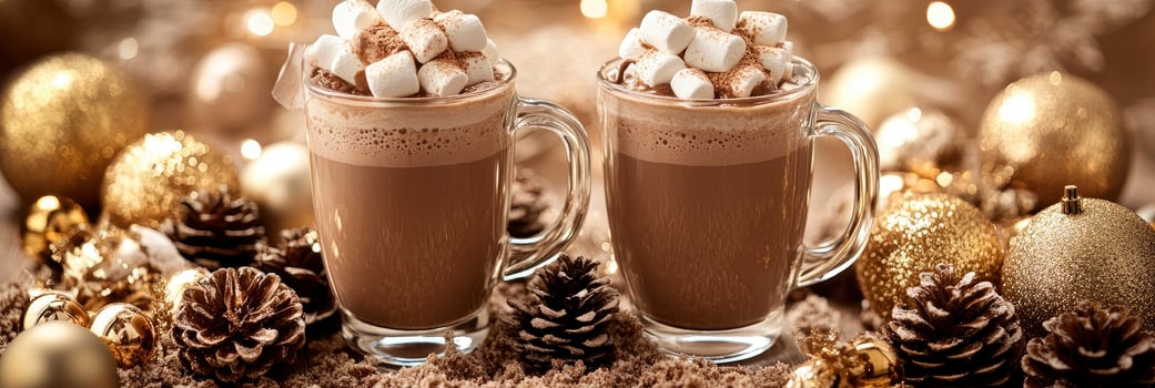 Two glasses of hot chocolate with marshmallows and pine cones photo