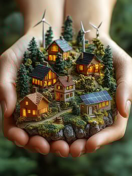 Hands holding sustainable green village with solar panels and wind turbines photo