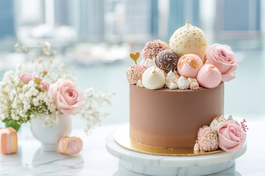 Elegant wedding cake adorned with decorative flowers and sweets, beautifully displayed against a stunning city skyline backdrop during a joyful celebration photo