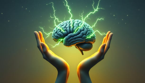 The Power Within, Hands Holding a Brain Bursting with Electrical Energy photo