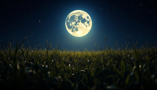 A serene full moon illuminates a starlit night sky above a field of tall swaying grass photo