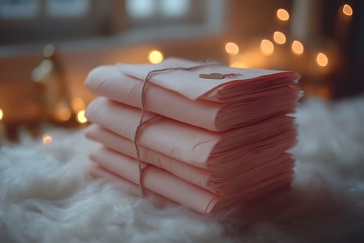 Romantic Gift Concept with Wrapped Stack of Pink Papers and Heart Tag photo