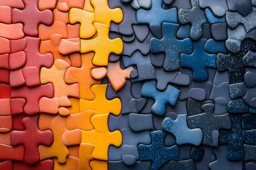 Vibrant Abstract Puzzle Pieces in Red, Orange, Yellow, and Blue Tones for Design Inspiration and Creativity photo