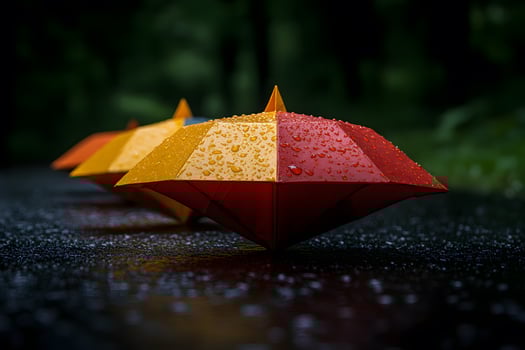 Rainy Day Origami Umbrellas on Wet Surface - Artistic Photography for Design photo