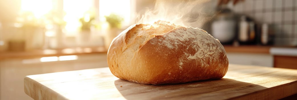 Bread on a cutting board with steam coming out of it photo