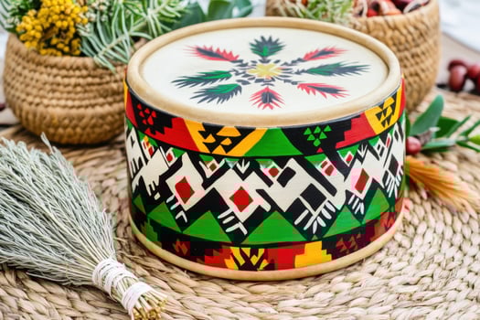 Native American ceremonial drum featuring hand-painted designs, surrounded by sage bundles and feathers on a woven mat photo