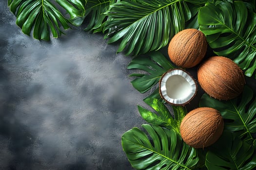 Tropical Scene with Fresh Coconuts and Green Botanical Leaves for Exotic Summer Decor photo