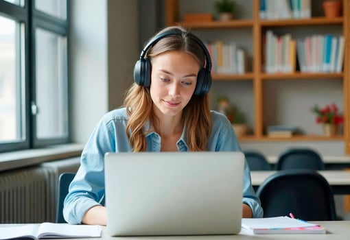 Woman education with headphones at desk with laptop in library, smiling and enjoying her work photo