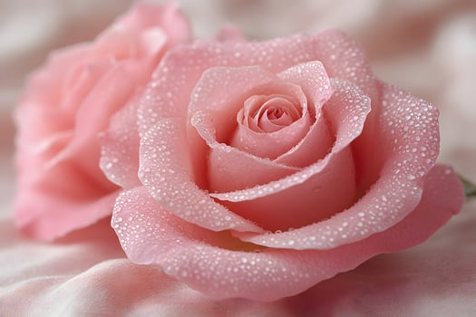 Elegant Pink Roses with Dew Drops on Soft Fabric Background for Floral Decor photo
