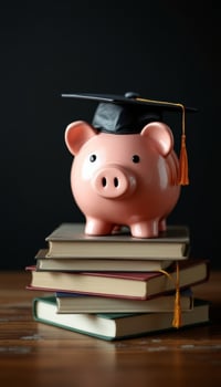 Saving for Education, A Piggy Bank with a Graduation Cap on Top of Stacked Books photo