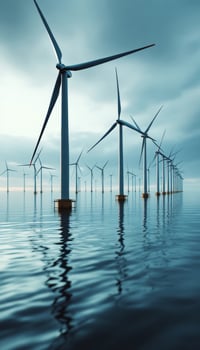 Offshore wind farm power generation reflects on still waters under a cloudy sky photo