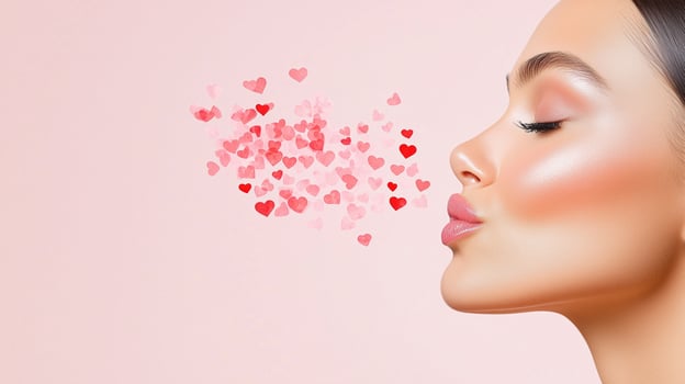Caucasian young woman blowing heart shapes on pink background. Valentines Day. Happy Tu B'Av, International Thank You Day photo