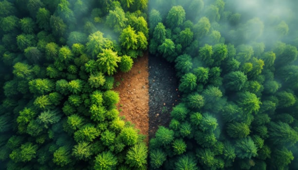 Forest Canopy Contrasts Green Vitality With Barren Destruction Revealing Environmental Impact photo