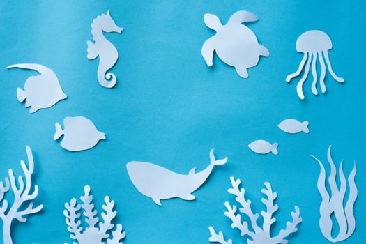Fish and coral reefs background in paper cut out craft photo