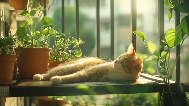 Relaxed ginger cat napping on a sunny balcony surrounded by vibrant flower and green plants photo