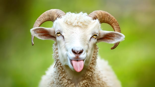 A White Sheep With Horns Sticking Out Its Tongue photo