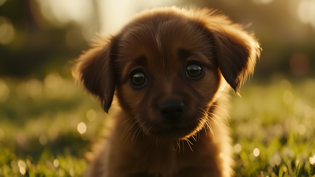 Adorable Brown Puppy Sitting In Golden Grass photo