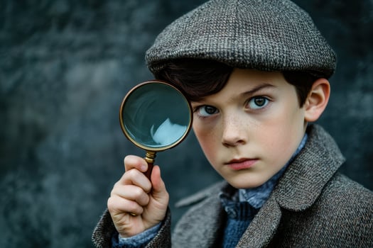 a child wearing a hat and coat holding a magnifying glass against a isolated background, exploring and investigating concept.. photo