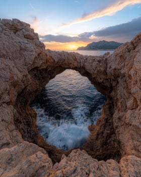 Sunset view through a rock arch over the ocean photo