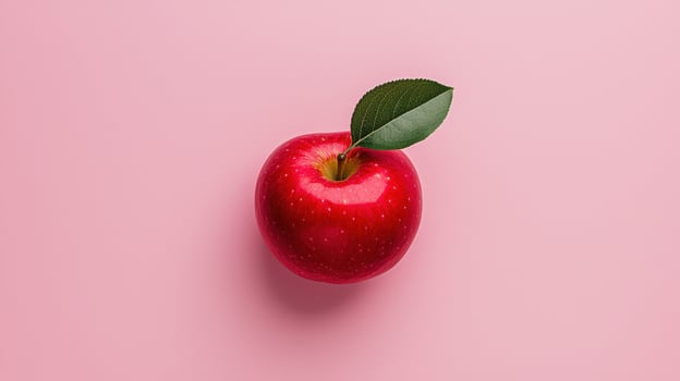 Single red apple with leaf on pink background. photo