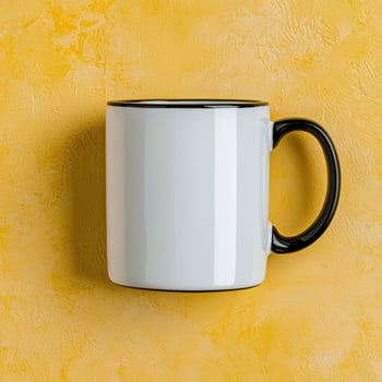 Blank white coffee mug with black rim on yellow background. photo