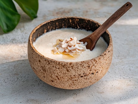 Creamy coconut porridge with honey and toasted coconut flakes in a coconut bowl photo