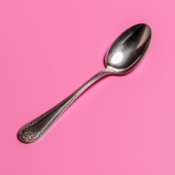 A shiny silver spoon on a pink background. photo