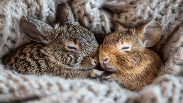 Two small rabbits cuddling together in a blanket photo