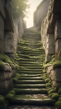 A vertical view of an old stone staircase, marked with moss and age, offering open sky or background space for text. photo