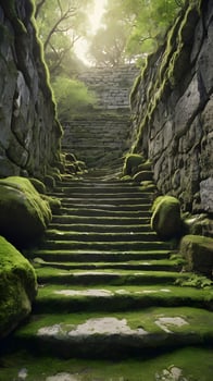 A vertical composition of an ancient stone staircase, textured with moss and wear, leaving a clean backdrop for overlays. photo