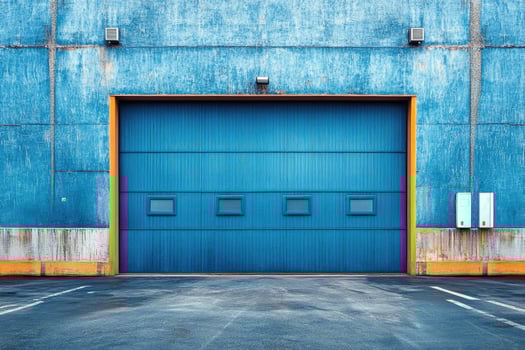 Industrial building showing large blue garage door and empty asphalt forecourt photo