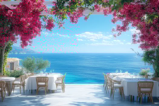 Bougainvillea blooming over cozy mediterranean restaurant terrace photo