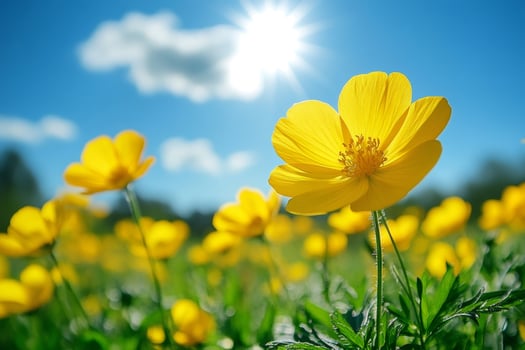 Yellow flowers blooming under the sunlight in a meadow photo