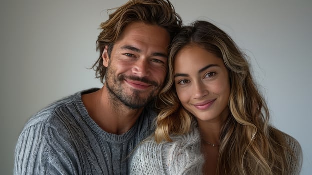 A handsome man and a beautiful woman are posing close to each other, both smiling warmly. They are dressed in cozy sweaters, giving a relaxed and intimate vibe in a softly lit room. Family day photo