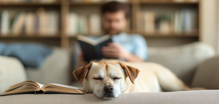 relaxed dog sleeping on couch with book nearby, while man reads in background, creating cozy atmosphere photo